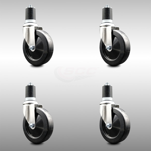 5 Inch 316SS Soft Rubber Wheel Swivel 1-7/8 Inch Expanding Stem Caster Set SCC